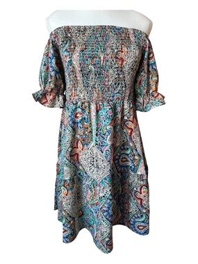 Bohemian Paisley Puff Sleeve Multi-Colour Summer Smocked Mini Dress - L